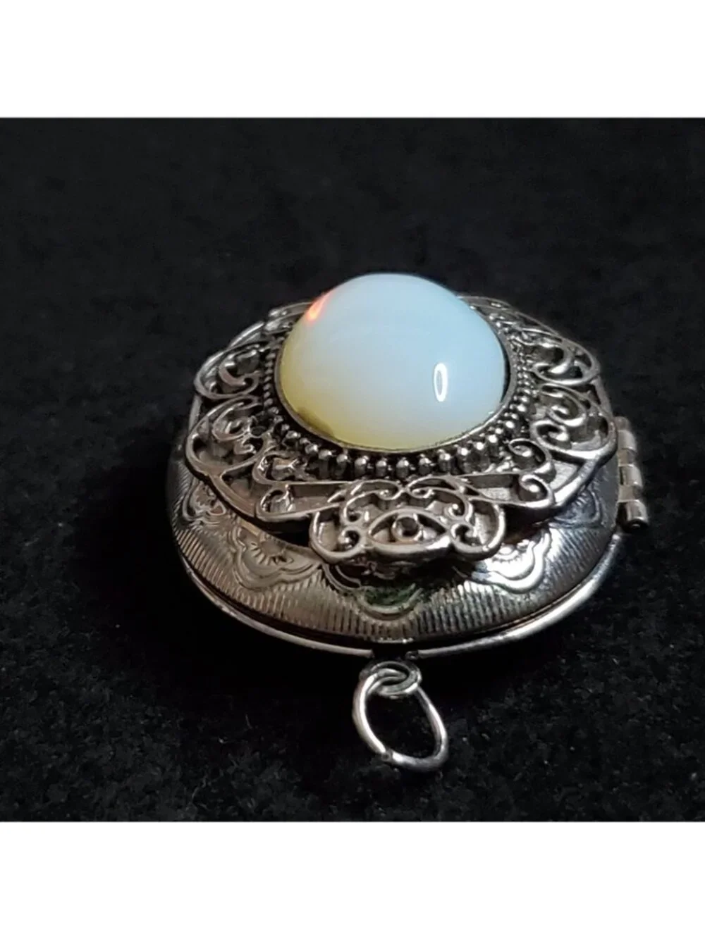 Vintage Locket Pendant Silver Tone Opalescent Cabochon 1.75